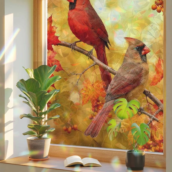 Cardinal Bird Window Privacy Film, Fall Red Bird Orange Maple Leaf Tree Branch Forest Stained Glass Rainbow Film Decorative Window Clings, Static Cling Sun Blocking Stickers 17.7" x 39.3"