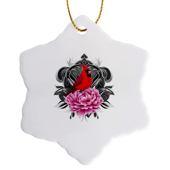 3drose, Cardinal Bird with Peony Color Indiana State Tattoo Art, 3 inch Snowflake Porcelain Ornament