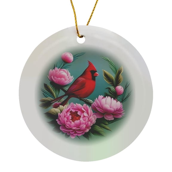 3drose, Cardinal Bird with Peony Color Indiana State Tattoo Art, Circle Porcelain Ornament