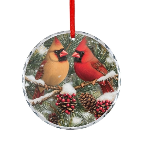 Cardinal Bird with Pine Twigs Berry Glass Christmas Ornament Xmas Holiday Round Shaped Glass Ornament Xmas Tree Decorations