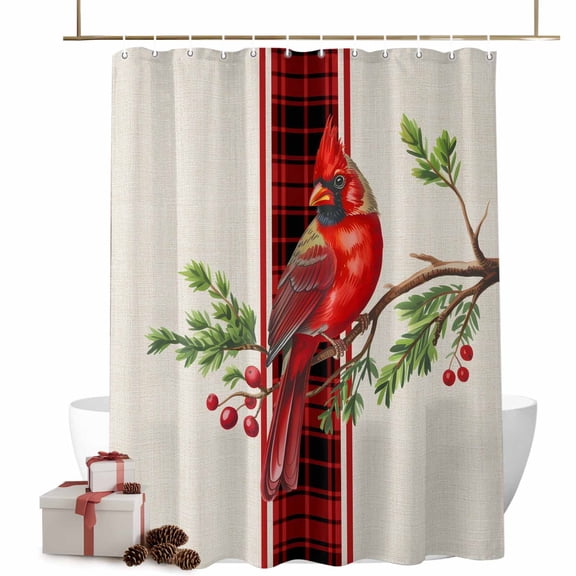 Cardinal Birds Bathroom Shower Curtain Green Leaf Berry Red Plaid Vintage Linen Waterproof Washable Shower Curtains for Bathtub Bath Decor with Grommets and Hook 54 X 78 Inch