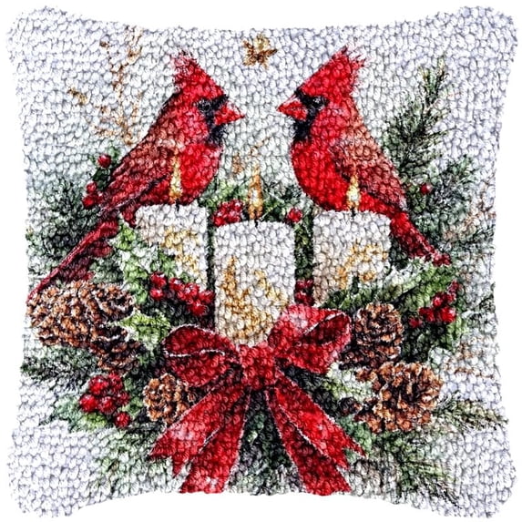 Cardinal Birds & Candle Latch Hook Pillow Kits DIY Pillowcase Cushtion Cover Crochet Hooking Pillow Making Kits Color Pattern Canvas Hooking Kits DIY Latch Hook Kits Set 43x43cm(c80)