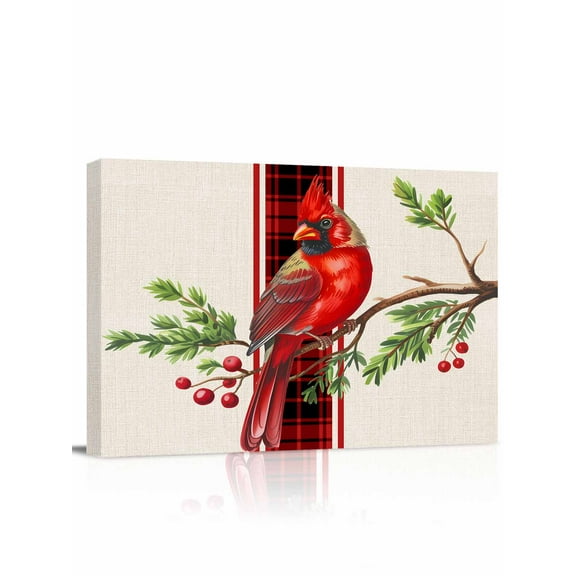 Cardinal Birds Canvas Print Wall Art Green Leaf Berry Red Plaid Vintage Linen Pictures Painting Morden Artwork for Living Room Bedroom, Ready to Hang - 12"x16"