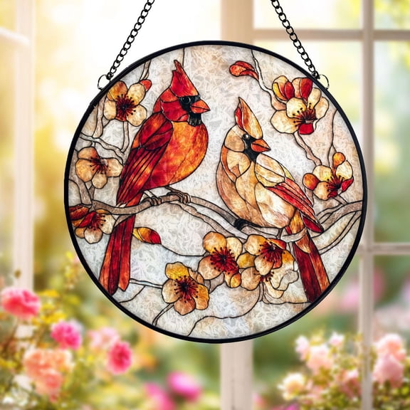 Cardinal Birds Glass Suncatcher, Red Cardinal Window Hanging Floral Branch Memorial, 6.3 in
