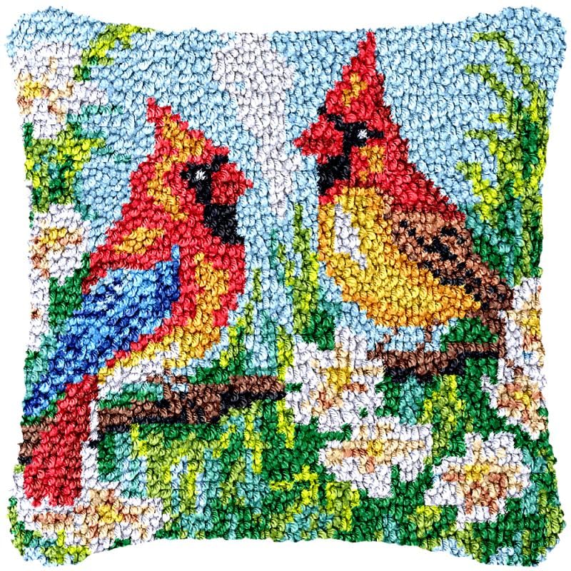 Cardinal Birds Latch Hook Pillow Cover Kits for DIY Handmade Throw Pillow Cross Stitch Latch Hook Pillowcase Rug Kits with Preprinted Color Pattern Canvas Crochet Yarn Kits 17''X 17''(fv71)
