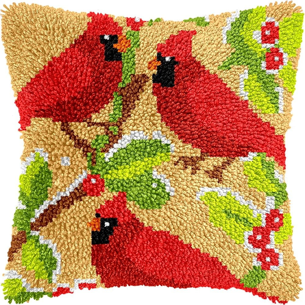 Cardinal Birds Latch Hook Pillow Cover Kits for DIY Handmade Throw Pillow Cross Stitch Latch Hooking Pillowcase Kits with Preprinted Color Pattern Canvas Crochet Yarn Kits 17''X 17''(8-54)