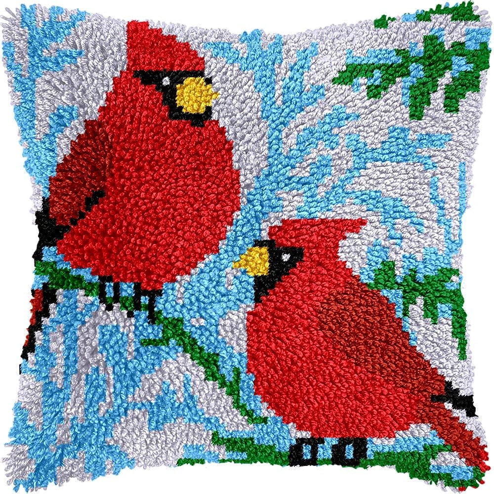 Cardinal Birds Latch Hook Pillow Cover Kits for DIY Handmade Throw Pillow Cross Stitch Latch Hooking Pillowcase Kits with Preprinted Color Pattern Canvas Crochet Yarn Kits 17''X 17''(8-199)