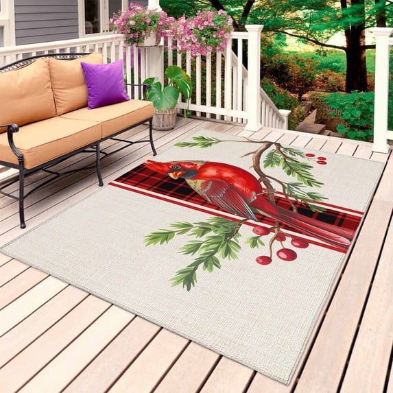 Cardinal Birds Outdoor Rug 6x9 Ft, Non Slip Washable Area Rug, Xmas Pine Cones Branches Red Plaid Patio Rugs Carpet Runner, Large Floor Mat for Indoor/Outdoor Deck Porch Camping