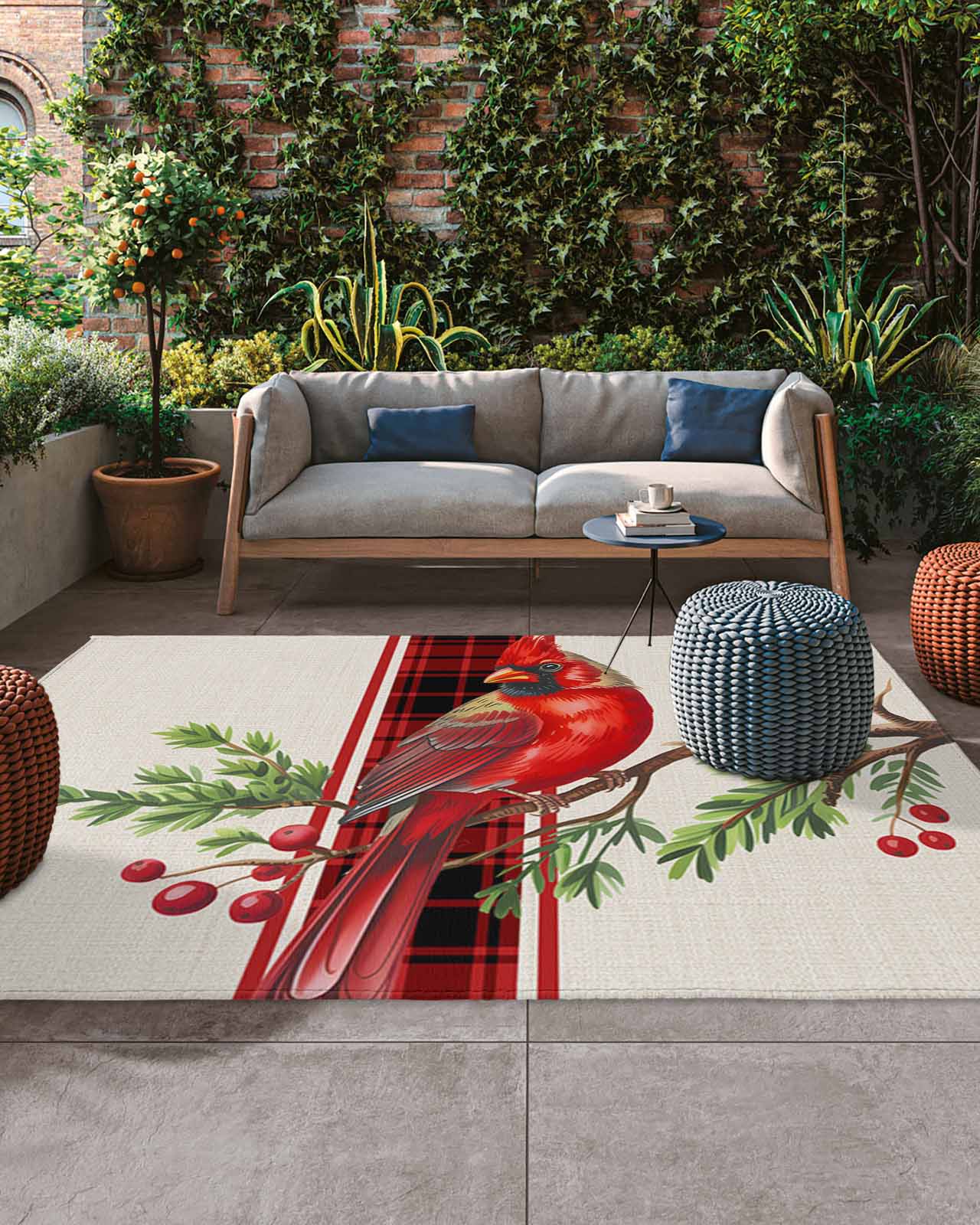 Cardinal Birds Outdoor Rug, Green Leaf Berry Red Plaid Vintage Linen ...