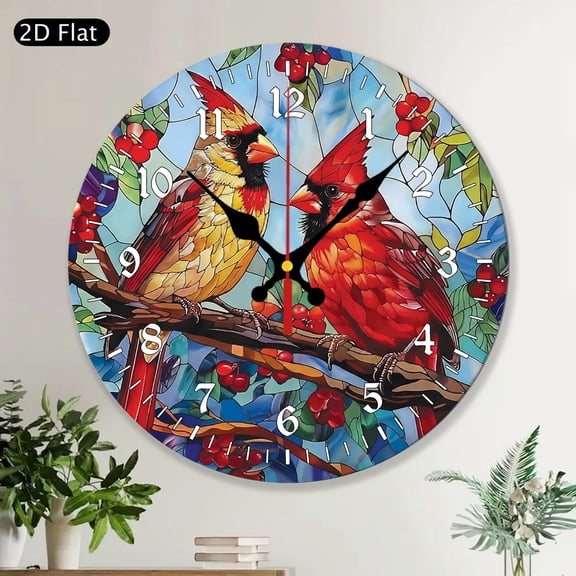 Cardinal Birds Painted Round Wall Clock, Birds Wall Decor, Hanging Decor
