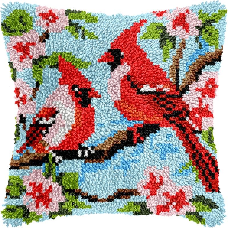 Cardinal Birds Perched on Blossom Tree Latch Hook Pillow Kits Cushion Pillowcase with Pattern Printed Canvas Sofa Hooking Pillows Crafts Embroidery Latch Hooking Crochet Kits 17x17 inch(42)
