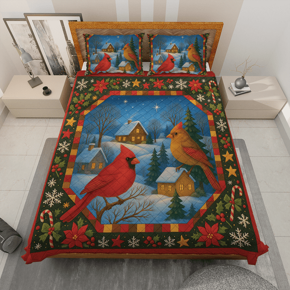 Cardinal Birds Quilt Bedding Set - Snowy Village Festive Winter Holiday Christmas Quilt Bed Set, Poinsettia Flowers Quilt Set