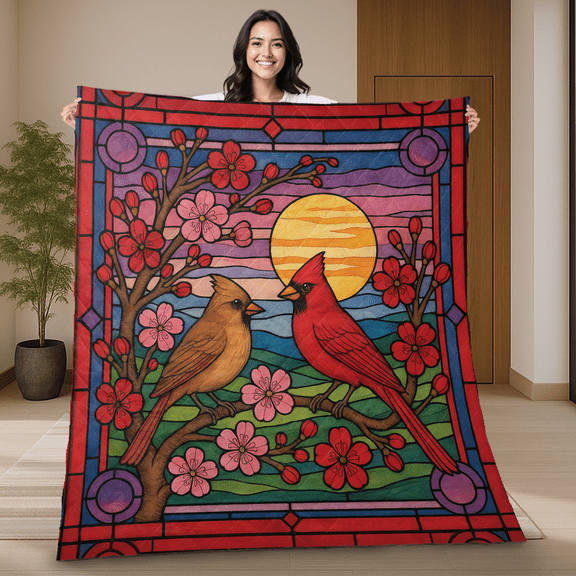 Cardinal Birds Stained Glass Quilt Blanket – Romantic Sunset Quilt with Cherry Blossoms and Nature Scene Quilt Blanket