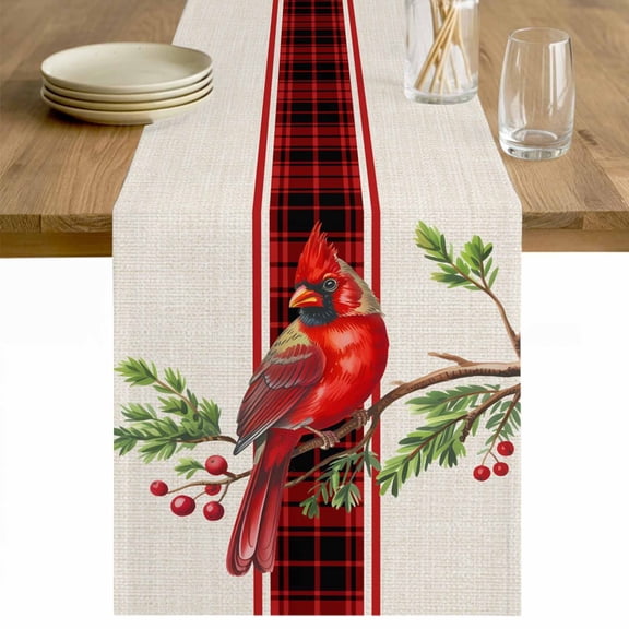 Cardinal Birds Table Runner 36 Inches Long Farmhouse Dress Scarves, Xmas Pine Cones Branches Red Plaid Dining Tablerunner for Coffee Table/Kitchen Island/Party Décor, Small 13" x 36"