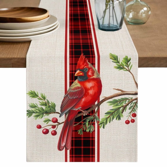 Cardinal Birds Table Runner 48 Inches, Xmas Pine Cones Branches Red Plaid Bed Runner Dresser Scarves Tabletop for Indoor Outdoor Parties/Ceremony/Banquet, 13" x 48"
