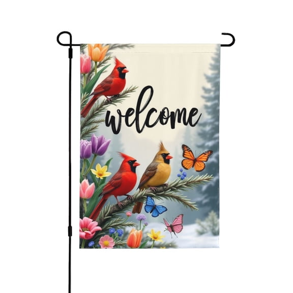 Cardinal Birds Welcome Garden Flag 12x18 Inch Double Sided Spring Floral Butterflies Outdoor Yard Decoration For Porch Lawn Patio