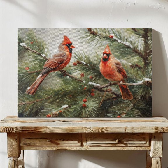 Cardinal Birds Winter Print, Pine Tree Artwork, Seasonal Home Decor, Unframed Canvas 12x16in