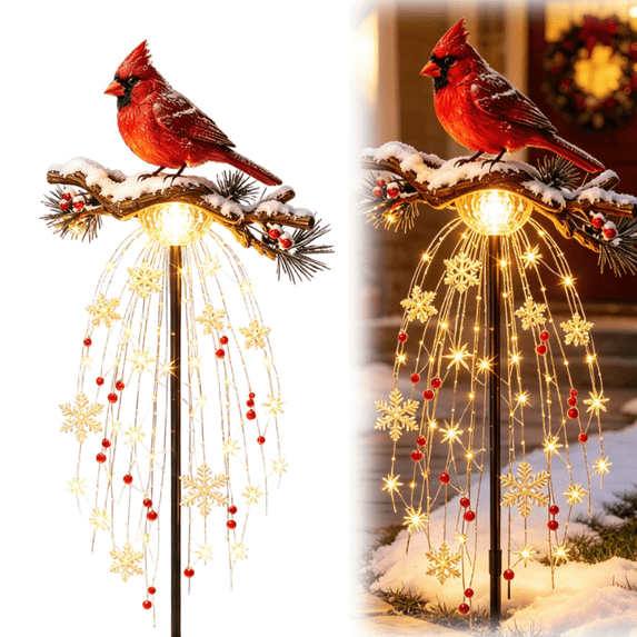 Cardinal Blessing Garden Stake Light | Solar Christmas Snowflake Red Berry Garden Stake Light, Outdoor Lantern for Garden, Patio, Walkway, Porch