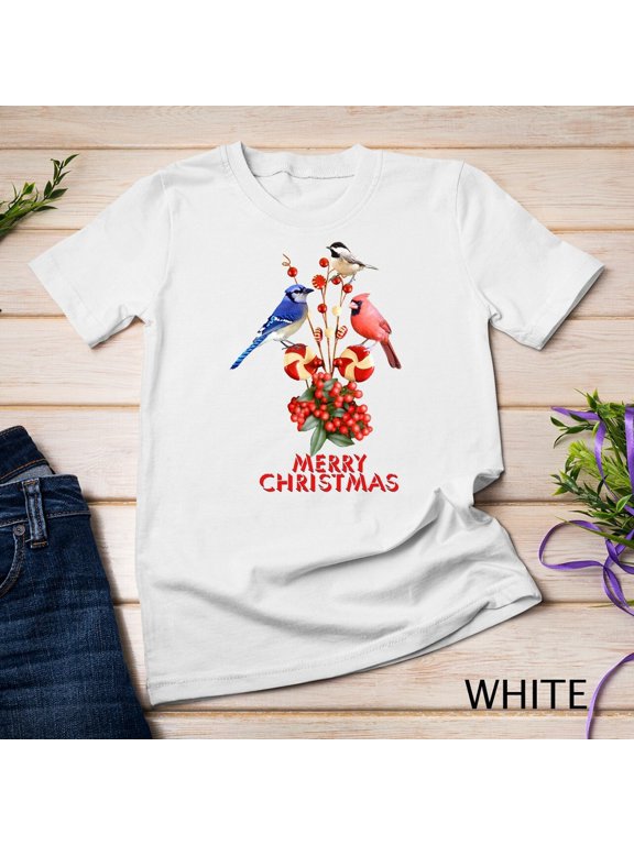 Cardinal Blue Jay And Chickadee Merry Christmas Celebration T-Shirt, Size S-5XL