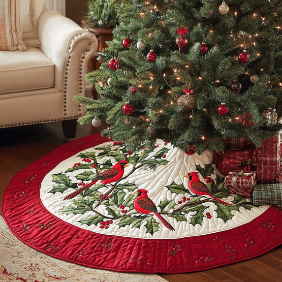 Cardinal Branch Cheer Christmas Quilted Tree Skirt, 47.2 Inch Christmas ...