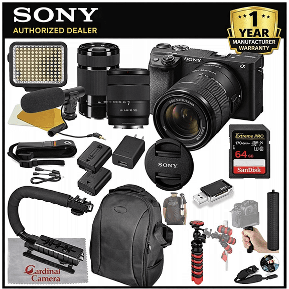 Cardinal Camera-Sony Sony Alpha a6400 Mirrorless Camera with 18-135mm and 55-210mm Lenses Video Bundle + LED Video Light + Microphone + Extreme Speed 64GB Memory(21pc Bundle), ILCE-6400M/B
