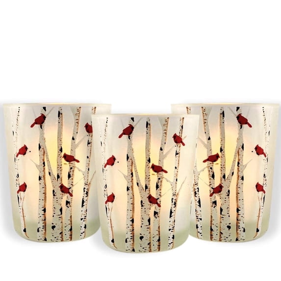 Christmas Candle Holders - Cardinals on Birch Branches on Frosted Glass - Tabletop Holiday Candleholders - Set of 3 - 2.75" H X 2.25" W- 9735