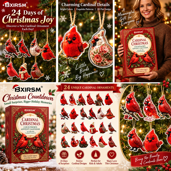 Cardinal Christmas Advent Calendar 24-Day Festive Countdown Acrylic Charms Blind Box Hanging Ornaments Gift For Cardinal Lovers