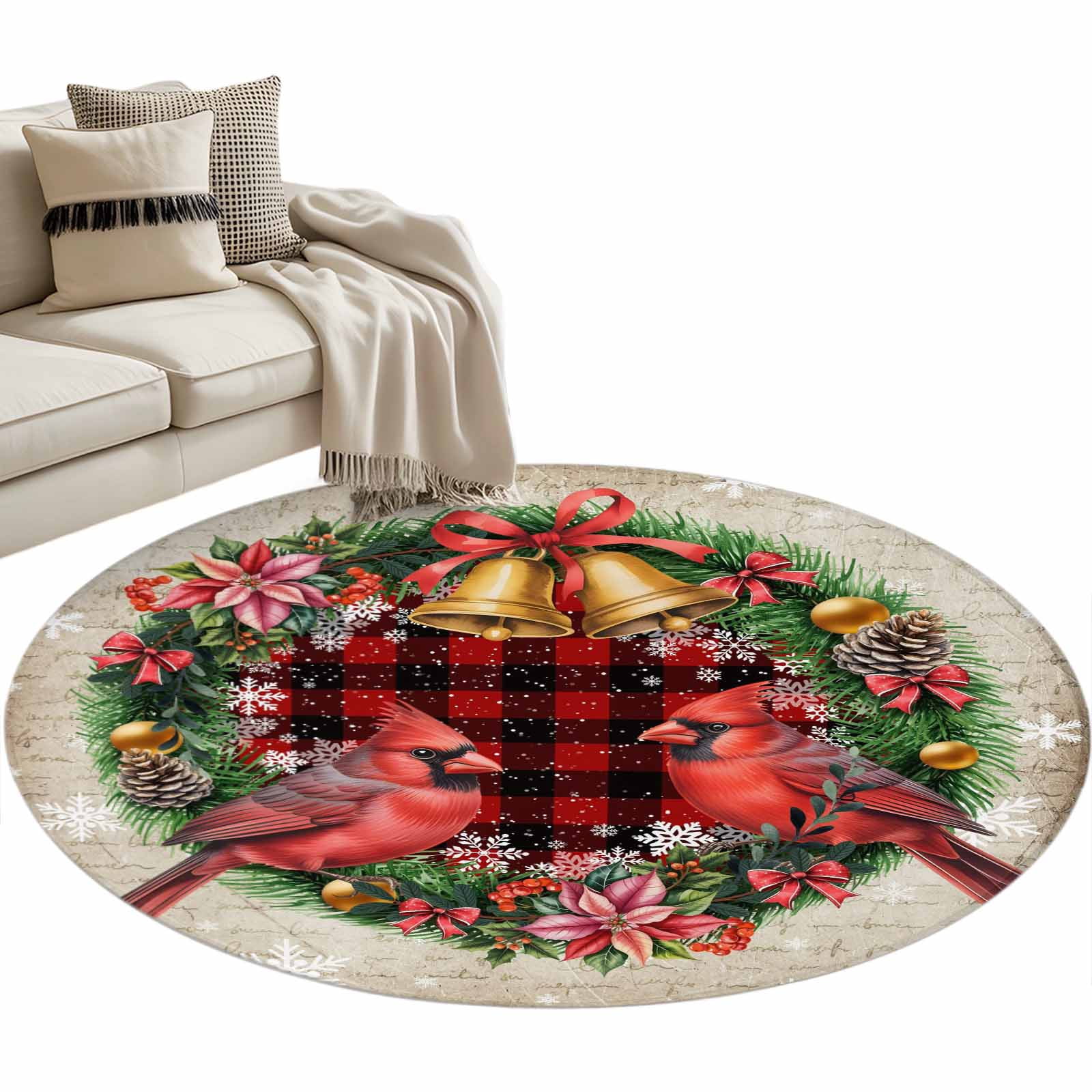 Cardinal Christmas Area Rug, Rings Bells Snowflakes Winter Rustic Plaid ...