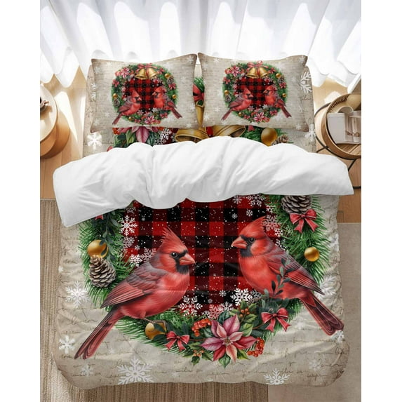 Cardinal Christmas Bedding Duvet Cover Set Full Size 4 Pieces Rings Bells Snowflakes Winter Rustic Plaid Bedding Set with Zipper Closure, 1 Comforter Cover 86x86 Inches 1 Flat Sheet & 2 Pillow Cases