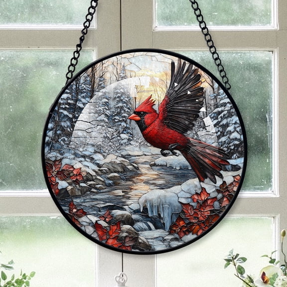 Cardinal Christmas, Black Cardinal Stained Glass Window Hangings, Black Cardinal Decor, Black Cardinal Miniature Christmas Decorations Black-173HD219, Cardinal Stained Glass Art