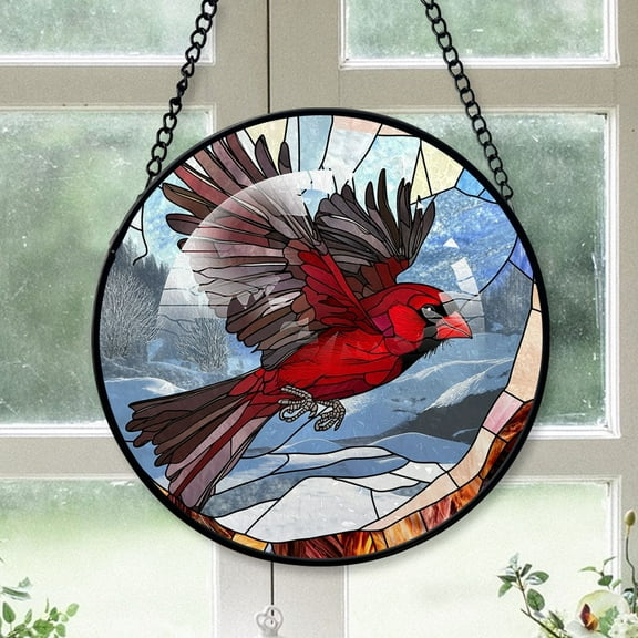 Cardinal Christmas, Black Cardinal Stained Glass Window Hangings, Black Cardinal Decor, Black Cardinal Miniature Christmas Decorations Black-173HD309, Cardinal Stained Glass Art