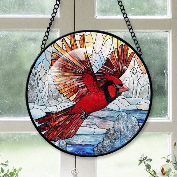 Cardinal Christmas, Black Cardinal Stained Glass Window Hangings, Black Cardinal Decor, Black Cardinal Ornament Hanging Christmas Tree Decor Black-173HD59, Cardinal Stained Glass Art