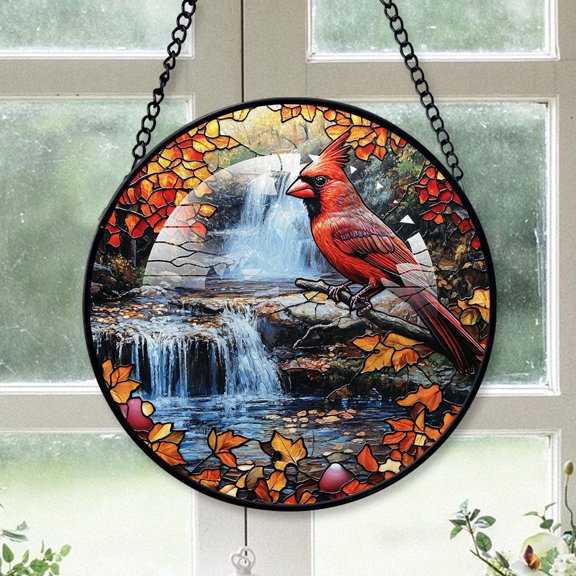 Cardinal Christmas, Brown Cardinal Stained Glass Window Hangings, Brown Cardinal Decor, Brown Cardinal Mini Christmas Tree Decorations Brown-174HD245, Cardinal Stained Glass Art