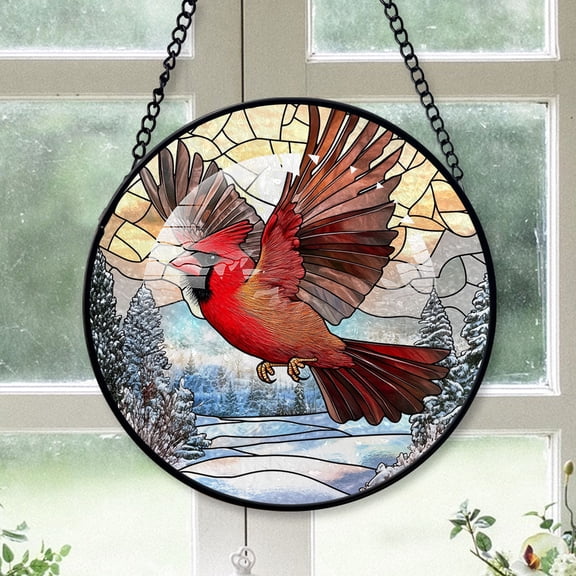 Cardinal Christmas, Brown Cardinal Stained Glass Window Hangings, Brown Cardinal Decor, Brown Cardinal Mini Christmas Tree Decorations Brown-174HD335, Cardinal Stained Glass Art