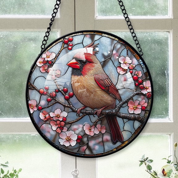 Cardinal Christmas, Brown Cardinal Stained Glass Window Hangings, Brown Cardinal Decor, Brown Cardinal Miniature Christmas Decorations Brown-174HD15, Cardinal Stained Glass Art