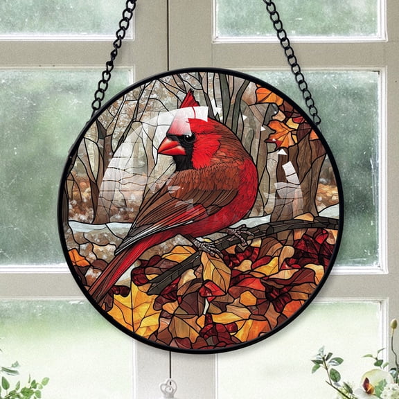 Cardinal Christmas, Brown Cardinal Stained Glass Window Hangings, Brown Cardinal Decor, Brown Cardinal Miniature Christmas Decorations Brown-174HD195, Cardinal Stained Glass Art