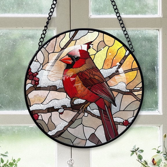 Cardinal Christmas, Brown Cardinal Stained Glass Window Hangings, Brown Cardinal Decor, Brown Cardinal Miniature Christmas Decorations Brown-174HD285, Cardinal Stained Glass Art