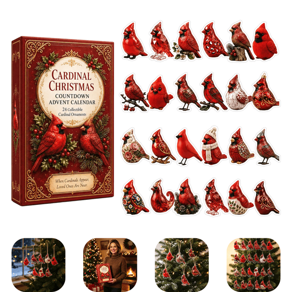 Cardinal Christmas Countdown Advent Calendar, 2026 Christmas 24 Unique Red Cardinal Hanging Ornaments, Countdown Surprise Gift Box, Xmas Tree Decor for Holiday Season