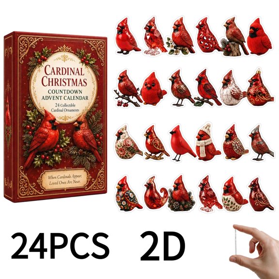 Cardinal Christmas Countdown Advent Calendar 24 Collectible Acrylic Red Bird Ornaments 2D Flat Hanging Decor Surprise Daily Gift Boxes For Kids Adults Holiday Home Party Xmas Gift Box Set