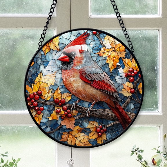 Cardinal Christmas, Gray Cardinal Stained Glass Window Hangings, Gray Cardinal Decor, Gray Cardinal Christmas Tree Decorations Indoor Gray-175HD21, Cardinal Stained Glass Art