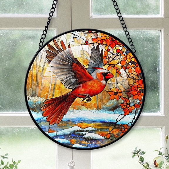 Cardinal Christmas, Gray Cardinal Stained Glass Window Hangings, Gray Cardinal Decor, Gray Cardinal Mini Christmas Tree Decorations Gray-175HD311, Cardinal Stained Glass Art