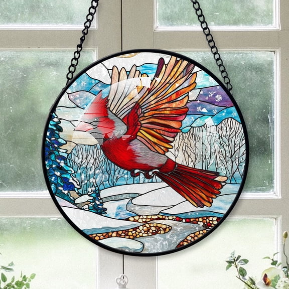 Cardinal Christmas, Gray Cardinal Stained Glass Window Hangings, Gray Cardinal Decor, Gray Cardinal Miniature Christmas Decorations Gray-175HD171, Cardinal Stained Glass Art