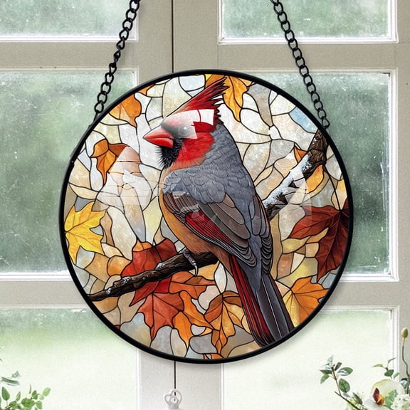 Cardinal Christmas, Gray Cardinal Stained Glass Window Hangings, Gray Cardinal Decor, Gray Cardinal Miniature Christmas Decorations Gray-175HD351, Cardinal Stained Glass Art