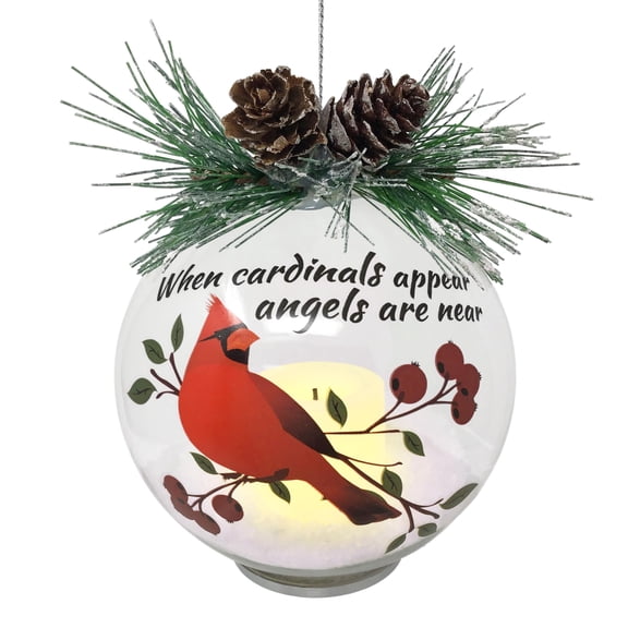 Cardinal Christmas Memorial Ornament - Glass Ball with Cardinal Design - 4" Diameter - 9748