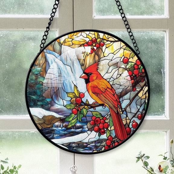 Cardinal Christmas, Orange Cardinal Stained Glass Window Hangings, Orange Cardinal Decor, Orange Cardinal Christmas Tree Decorations Indoor Orange-176HD357, Cardinal Stained Glass Art