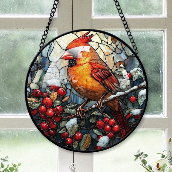 Cardinal Christmas, Orange Cardinal Stained Glass Window Hangings, Orange Cardinal Decor, Orange Cardinal Miniature Christmas Decorations Orange-176HD237, Cardinal Stained Glass Art