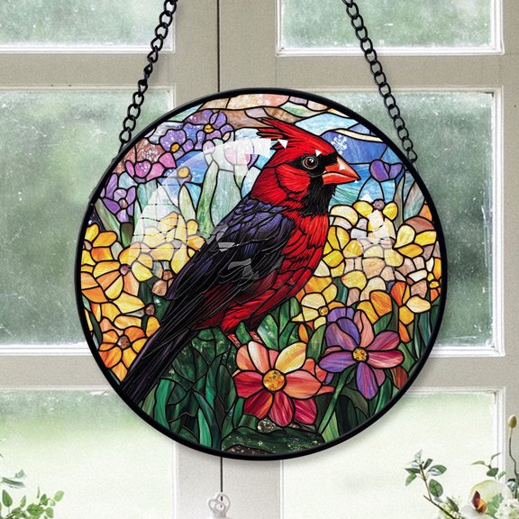 Cardinal Christmas Ornament, Black Cardinal Stained Glass Window Hangings, Black Cardinal Decor, Black Cardinal 2025 Christmas Hanging Ornaments Black-173HD313, Cardinal Stained Glass Art