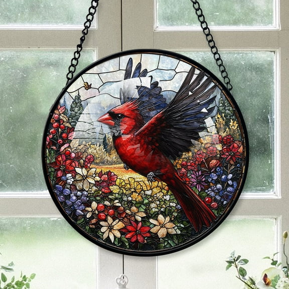 Cardinal Christmas Ornament, Black Cardinal Stained Glass Window Hangings, Black Cardinal Decor, Black Cardinal 2025 Christmas Hanging Ornaments Black-173HD133, Cardinal Stained Glass Art