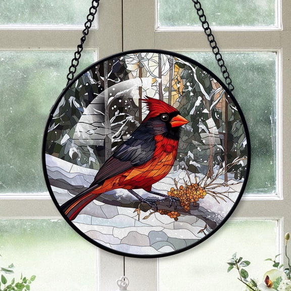 Cardinal Christmas Ornament, Black Cardinal Stained Glass Window Hangings, Black Cardinal Decor, Black Cardinal Christmas Wall Decor Black-173HD343, Cardinal Stained Glass Art