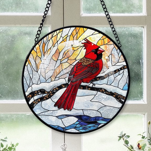 Cardinal Christmas Ornament, Black Cardinal Stained Glass Window Hangings, Black Cardinal Decor, Black Cardinal Christmas Wall Decor Black-173HD73, Cardinal Stained Glass Art